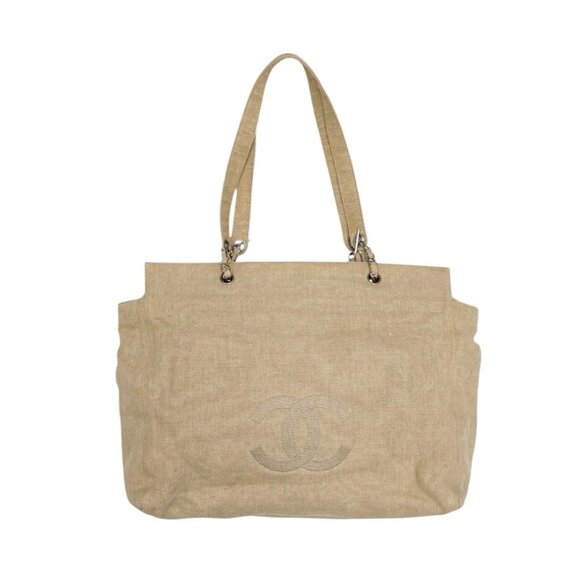 CHANEL Vintage CC Big Logo Shoulder Tote Large Bag Beige Canvas Linen [106206] - Picture 6 of 15